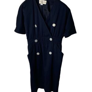 Vintage Oscar De La Renta 80s 90s Made in USA Union double breasted dress navy b